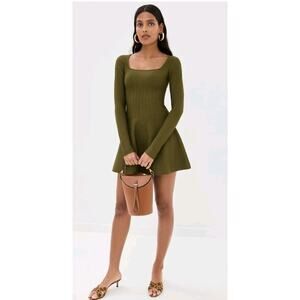 NEW Staud Deora Square Knit Long Sleeve Pleated Mini Dress in Green XS